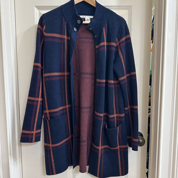 Max Studio Jacket Women Large Navy Sweater Plaid Coat Heavy Academia Career Fall - Picture 3 of 4